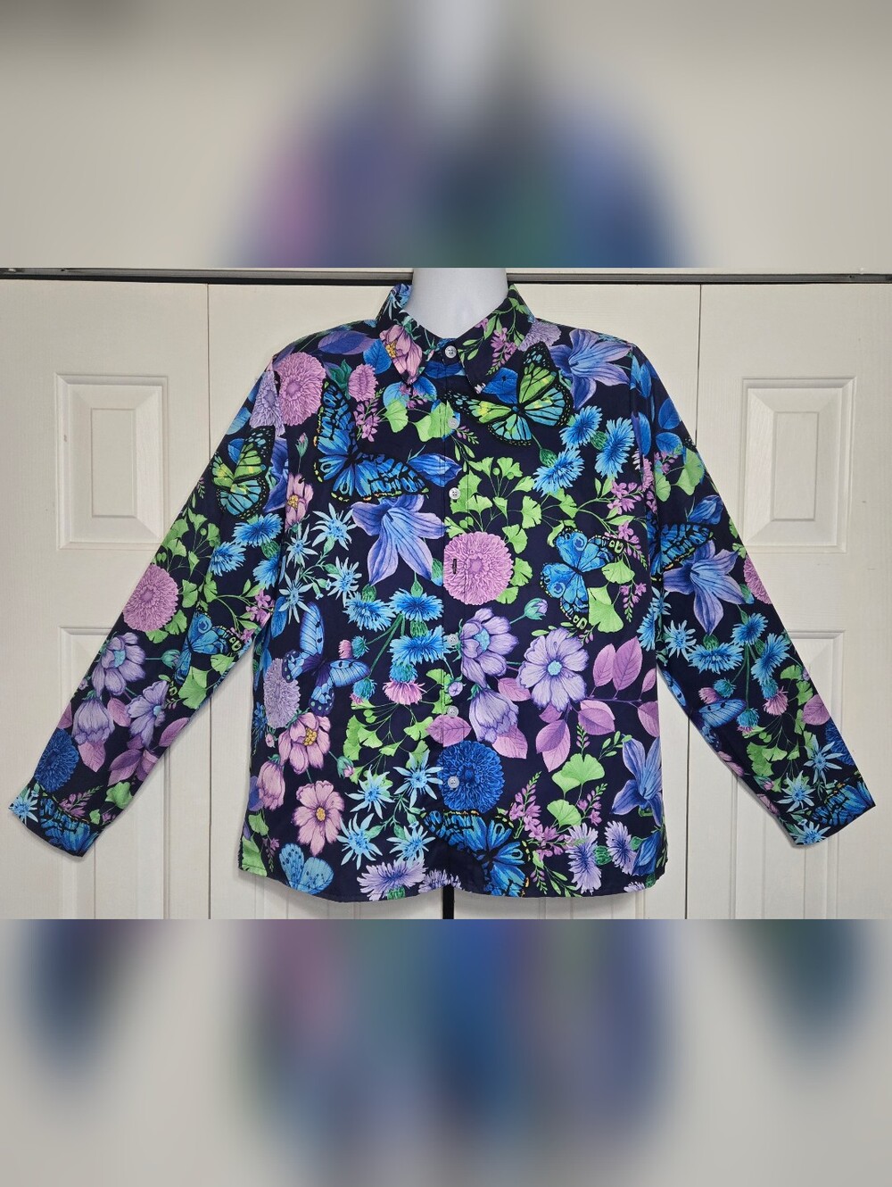 Vibrant Floral Butterfly Button Up Shirt Men XXL Long Sleeve Novelty Casual